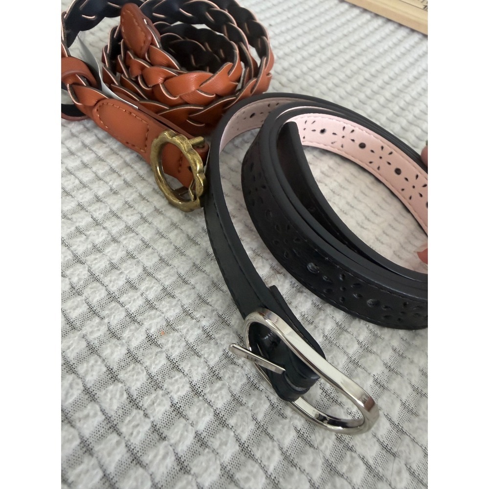 Kids 2 Pack Belts Tan Braided and Black Floral Perforated Size L-XXL NEW